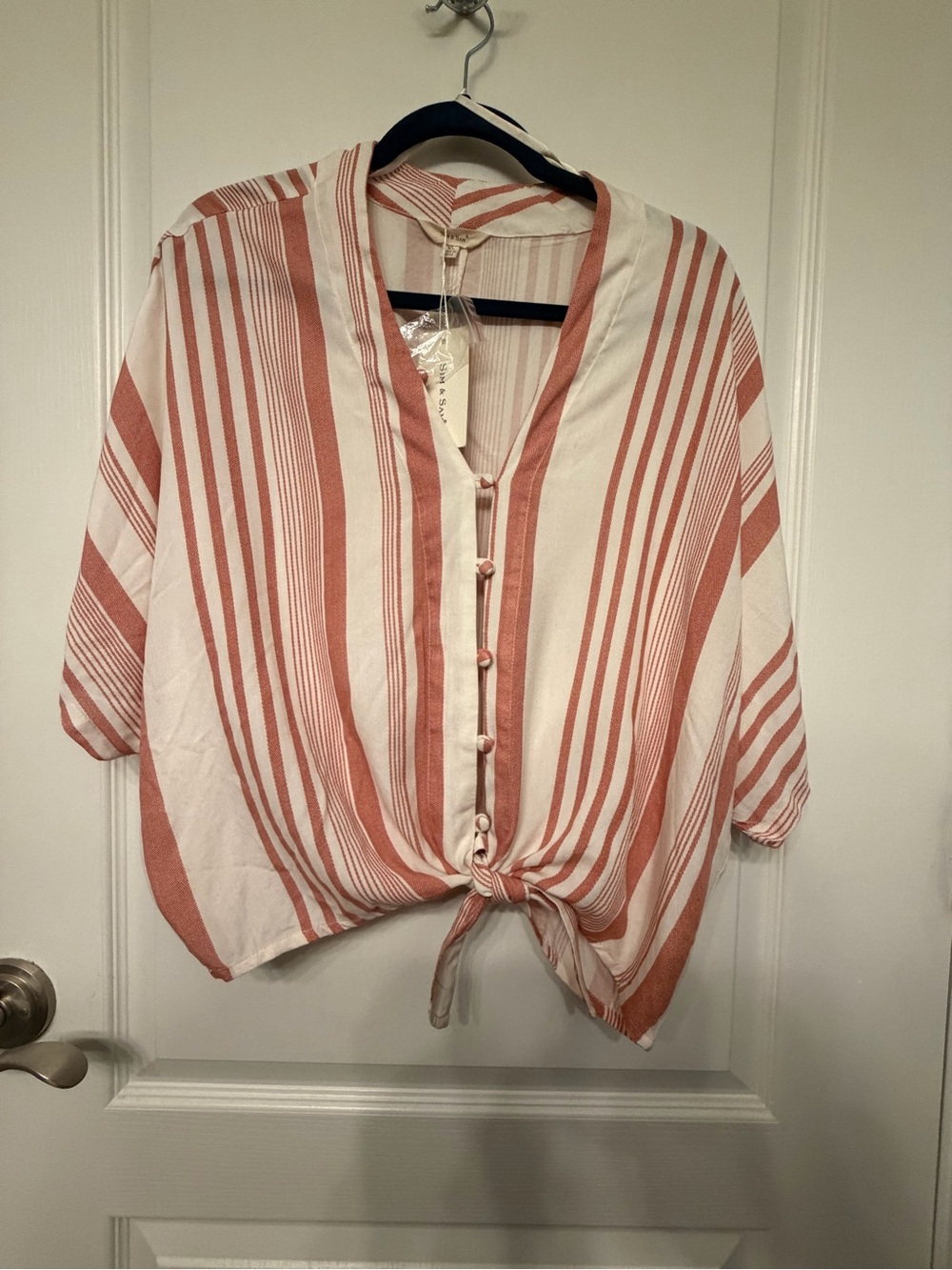 NWT-Super Cute Sim & Sam Women's Striped Tie-Front Button Blouse XL